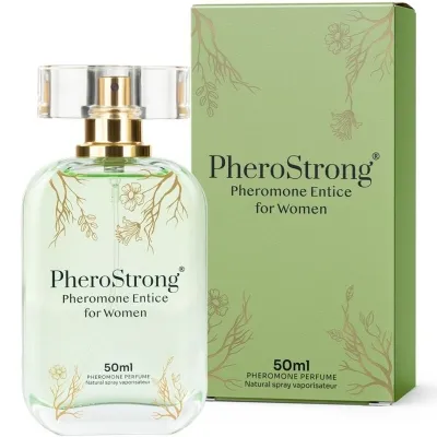 Perfume bottle and packaging of PheroStrong Pheromone Entice for women, 50 ml, with floral decorations.