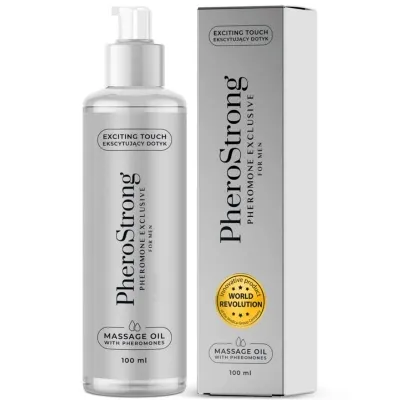 Bottle and packaging of PheroStrong massage oil with pheromones for men, 100 ml, with "Exciting Touch" inscription.