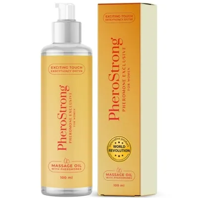 Flasche und Verpackung von PheroStrong Massageöl mit Pheromonen, 100 ml, für Frauen.