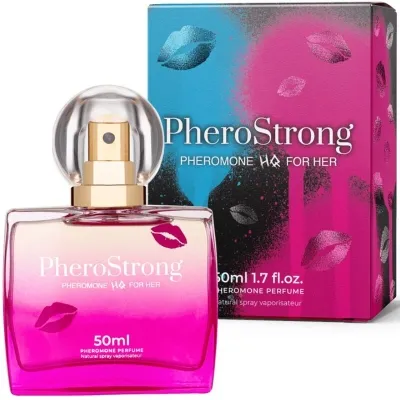 Parfümflasche PheroStrong für Frauen, 50 ml, mit pinkem und blauem Karton, Lippenmotiv auf Flasche und Verpackung.