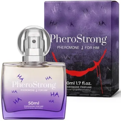 Parfümflasche und Verpackung von PheroStrong für Männer, lila Design mit roten und blauen Akzenten.
