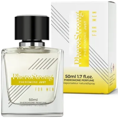 Perfume bottle and packaging of PheroStrong Pheromone Just for Men, 50 ml, with yellow and black design elements.