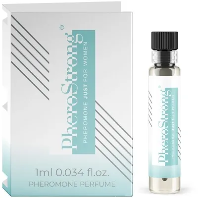Parfümfläschchen und Verpackung von PheroStrong, Pheromon-Parfüm für Frauen, 1 ml.
