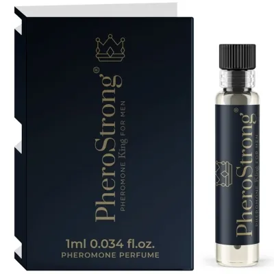 Dark packaging and bottle of PheroStrong pheromone perfume for men, 1 ml.
