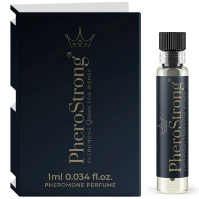 Dunkle Verpackung und Fläschchen von PheroStrong Pheromon-Parfüm für Frauen, 1 ml.