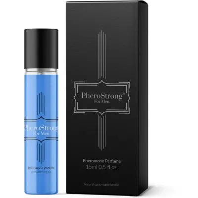 Blaues PheroStrong Parfüm für Männer, 15 ml, neben schwarzer Verpackung mit silbernem Logo und Text.