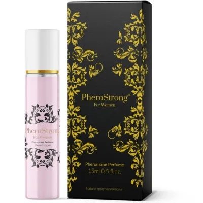 Perfume bottle and box of PheroStrong for women, 15 ml, with gold decorations on a black background.