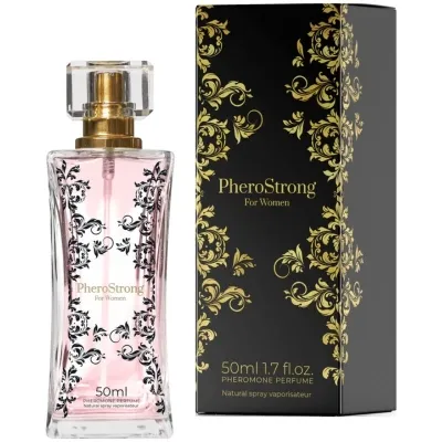 Perfume bottle and packaging of PheroStrong for women, 50 ml, with gold decorations.
