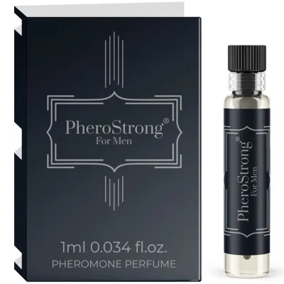 Schwarze Verpackung und Fläschchen von "PheroStrong For Men" Pheromon-Parfüm, 1 ml, 0.034 fl. oz.