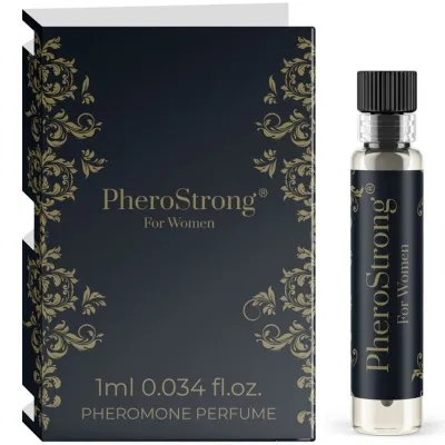 Schwarze Verpackung und Fläschchen von PheroStrong Pheromon-Parfüm für Frauen, 1 ml, mit goldenen Verzierungen.