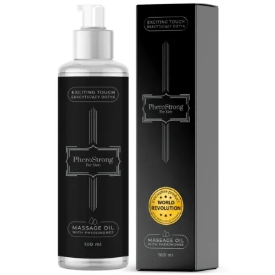 Black bottle and packaging of PheroStrong massage oil for men, 100 ml, with pheromones.