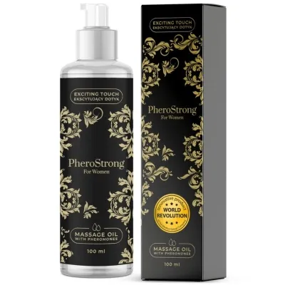 Schwarze Flasche und Verpackung von PheroStrong Massageöl für Frauen mit goldenen Verzierungen, 100 ml.