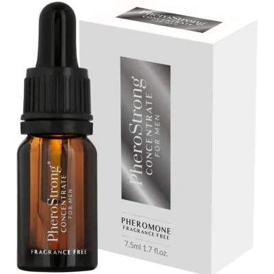 Brown bottle with pipette, next to it white packaging with the inscription "PheroStrong Concentrate for Men".