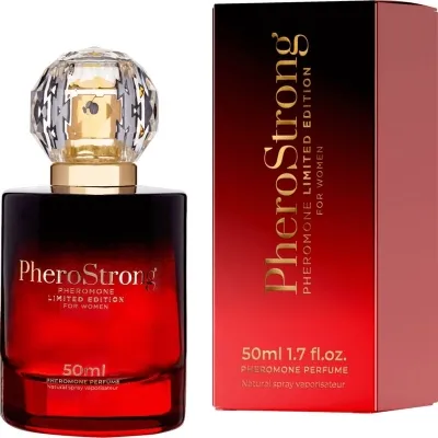 Rotes Parfümfläschchen "PheroStrong" mit goldener Schrift und passender Verpackung, 50 ml, für Frauen.