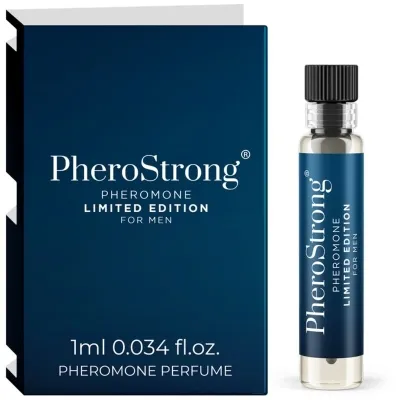 PheroStrong Pheromon-Parfüm für Männer, Limited Edition, 1 ml Fläschchen neben Verpackung.