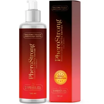 Red bottle and packaging of PheroStrong massage oil with pheromones, 100 ml, Limited Edition for women.