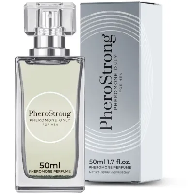 Parfümflasche und Verpackung von PheroStrong, Pheromon-Parfüm für Männer, 50 ml.