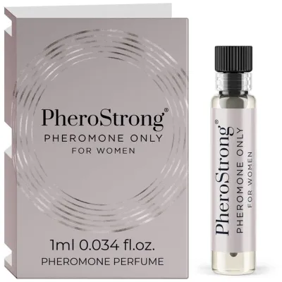 PheroStrong Pheromon-Parfüm für Frauen, 1 ml Fläschchen neben Verpackung.