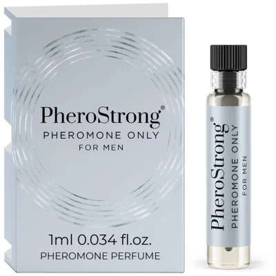 PheroStrong Pheromonparfüm für Männer, 1 ml Fläschchen neben Verpackung.