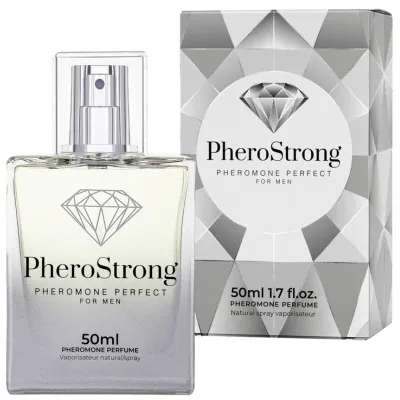 Perfume bottle and packaging of PheroStrong, pheromone perfume for men, 50 ml, with diamond design.