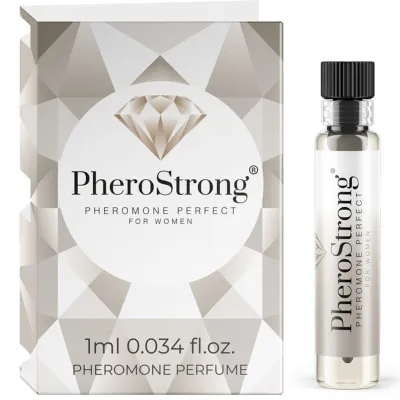 PheroStrong pheromone perfume for women, 1 ml bottle next to packaging with diamond design.