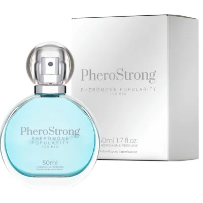 PheroStrong perfume bottle for men, 50 ml, with silver packaging in the background.