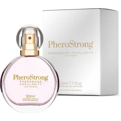 Rundes Parfümfläschchen mit goldener Aufschrift "PheroStrong" vor passender Verpackung, 50 ml.