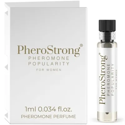 PheroStrong Pheromon-Parfüm für Frauen, 1 ml Fläschchen neben weißer Verpackung.