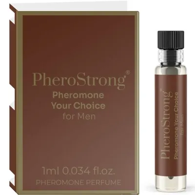 Brown packaging and bottle of PheroStrong pheromone perfume for men, 1 ml.
