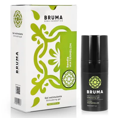 Bruma Sens Cosmetics Stimulating Gel, Sandia Watermelon, 15ml, mit grünem Design auf Verpackung und schwarzer Flasche.