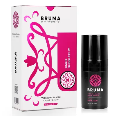 Schwarze Flasche und weiße Box mit pinkem Design, Aufschrift "BRUMA Chicle Bubblegum, Vibrador líquido".
