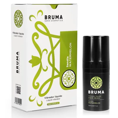 Bruma Sens Cosmetics Flüssigvibrator, Wassermelone, 15 ml, weiße Verpackung mit grünem Design, schwarze Flasche.