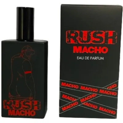 Black perfume bottle and packaging with red text "RUSH MACHO Eau de Parfum" and stylized figure.