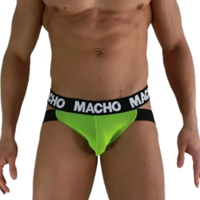 Mann in grüner Unterwäsche mit schwarzem Bund, Aufschrift "MACHO".