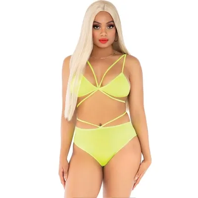 Woman in neon yellow bikini with long blonde hair against a white background.