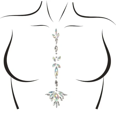 Gemstones arranged vertically on a stylized torso, with floral and geometric shapes.