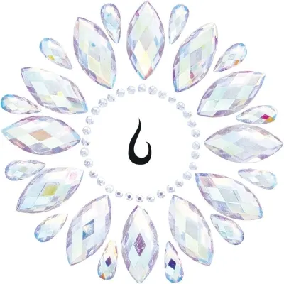 Kristallförmige Edelsteine in Kreisform um ein schwarzes Symbol auf weißem Hintergrund.