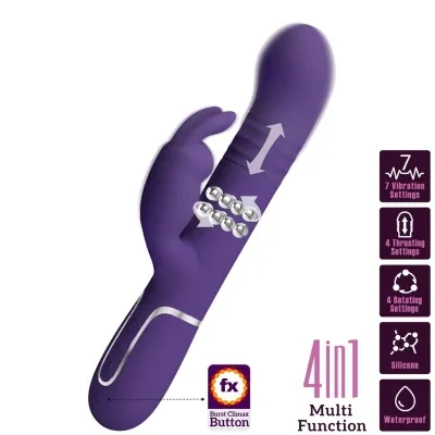 Purple vibrator with 7 vibration, 4 thrust and 4 rotation modes, waterproof, silicone, 4-in-1 function, Burst Climax Button.
