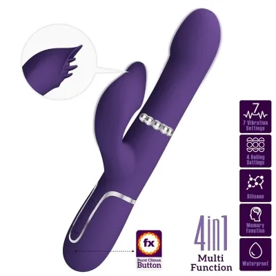 Purple vibrator with 7 vibration and 4 rolling settings, silicone, waterproof, memory function, burst climax button.