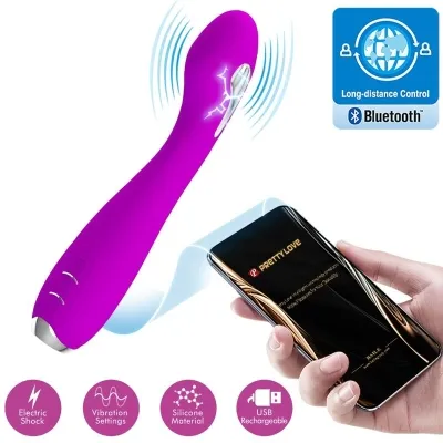 Purple vibrator with Bluetooth control, smartphone in hand, symbols for electrical stimulation, vibration, silicone, USB charging.