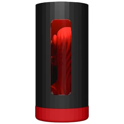 Black cylindrical device with a red accent and a transparent window revealing a red, textured interior.