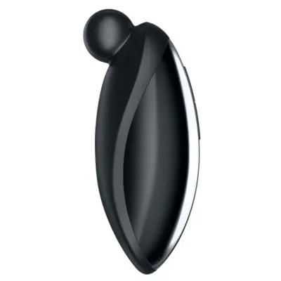 Black, ergonomic massage device with a round head, side view.