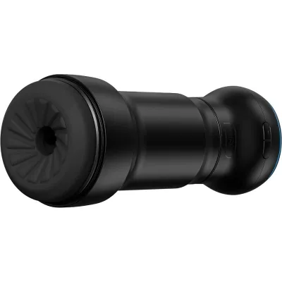 Black cylindrical device with a textured end and smooth surface, lying on its side.