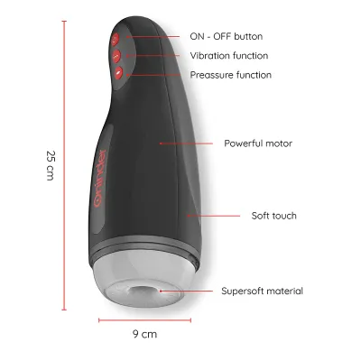 Schwarzes Gerät mit Tasten, 25 cm hoch, 9 cm breit, weiches Material, leistungsstarker Motor, Vibrations- und Druckfunktion.