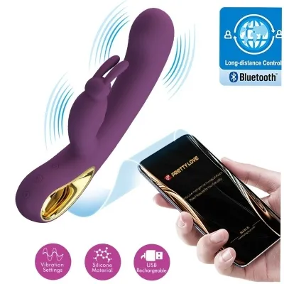 Purple vibrator with Bluetooth control, smartphone and vibration setting icons, silicone material, USB charging.