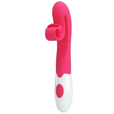 Rosa Vibrator mit weißem Griff und zwei Knöpfen, gebogene Spitze mit flexiblem Aufsatz.