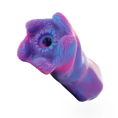 Abstract, colorful sculpture in purple and pink with organic shapes and a textured surface.