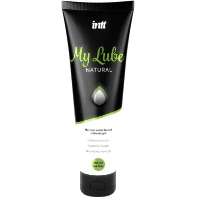 Black tube labeled "My Lube Natural", 100 ml, water-based intimate gel.