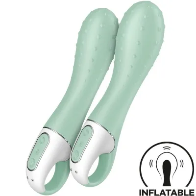 Two mint green, inflatable vibrators with textured surfaces and controls, symbol for inflation.