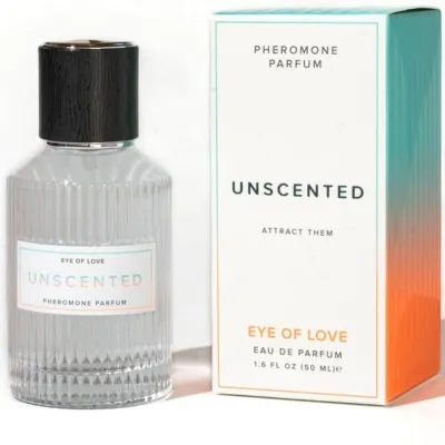 Parfümflasche und Verpackung von "Eye of Love" Pheromon Parfum, unscented, 50 ml.